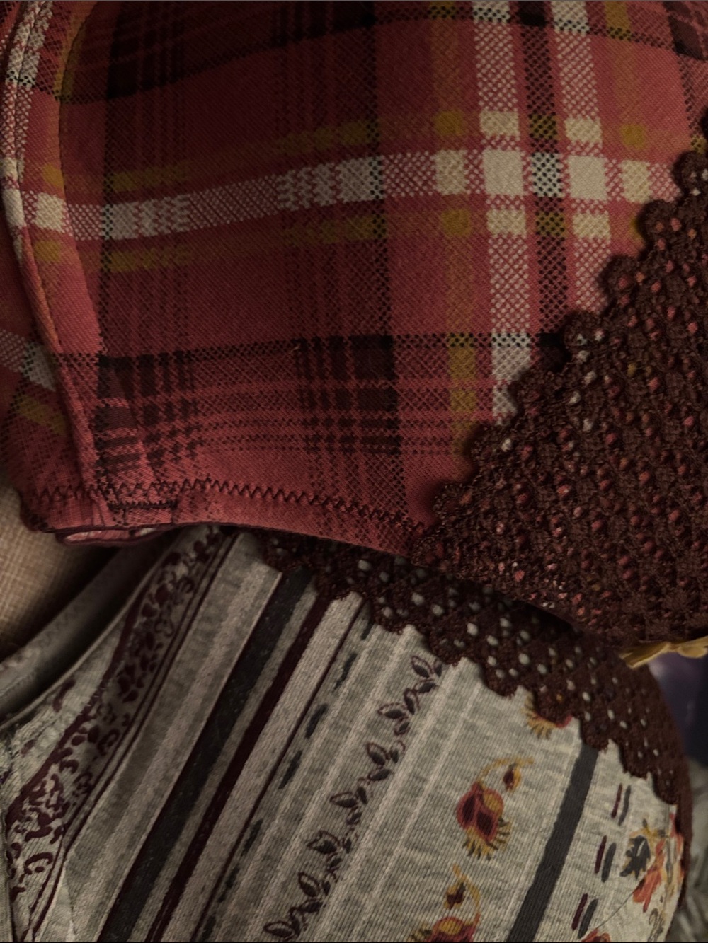 Plaid Lace-Trim Bralette in Rust and Brown